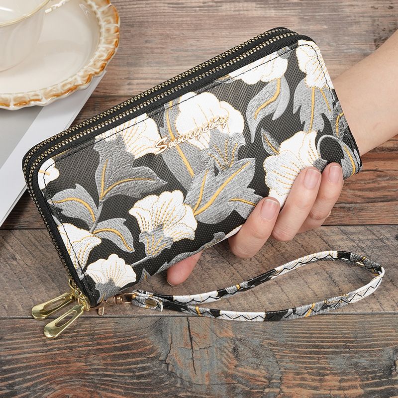 Wallet Card Cases Ladies Wallet Large Capacity Small Fresh Fashion Flower Print Hardware Accessories Pu Trendy Clutch Bag_viptrois.com
