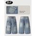 Men's Clothing Street Style Multi Pocket Stitching Distressed Wide Leg Jeans Washed Distressed Loose Embroidered Wide Leg Pants_viptrois.com