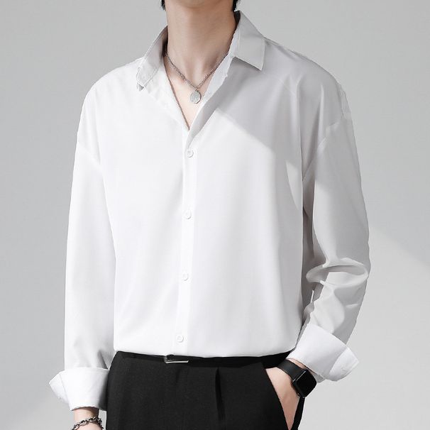 Men's Clothing∣Ice Silk Long Sleeve Shirt Men's Trendy Casual Handsome Shirt Drape Loose High End Shirt_viptrois.com