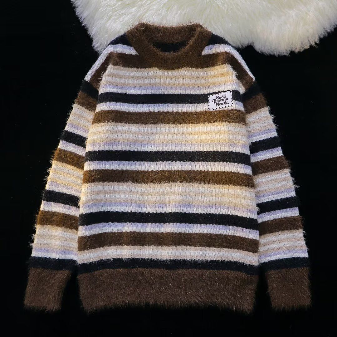 New retro soft and sticky striped sweater for men and women, simple and versatile knitted sweater for autumn and winter, couple's top_viptrois.com