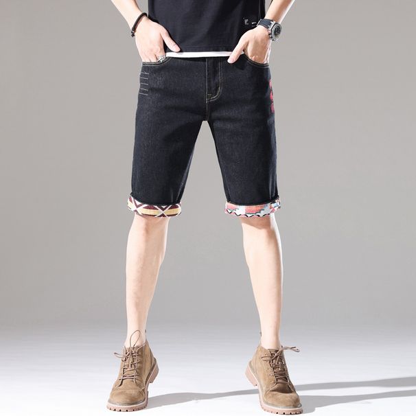 Men's summer new style embroidered hole men's black denim shorts style trendy mid-waist five-quarter pants for men_viptrois.com