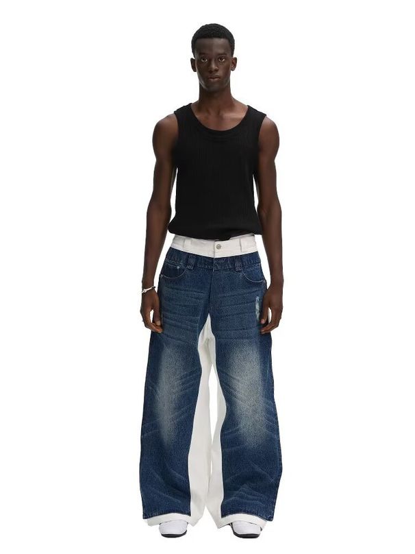 Streetwear Washed Denim Jeans For Men – Oversized Relaxed Fit With Patchwork & Color-Blocking | Vintage-Inspired Baggy Pants (S-XXXL)_viptrois.com
