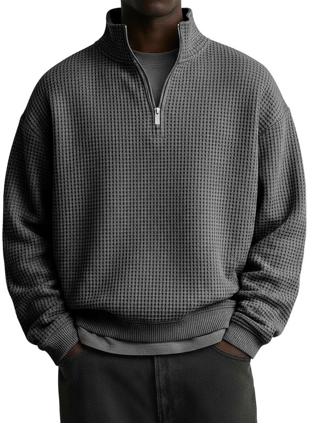 Men's Waffle-Knit Half-Zip Sweatshirt – Seasonless Stretch Polyester Pullover (Breathable Grid Texture, 10 Colors, S-5XL)_viptrois.com
