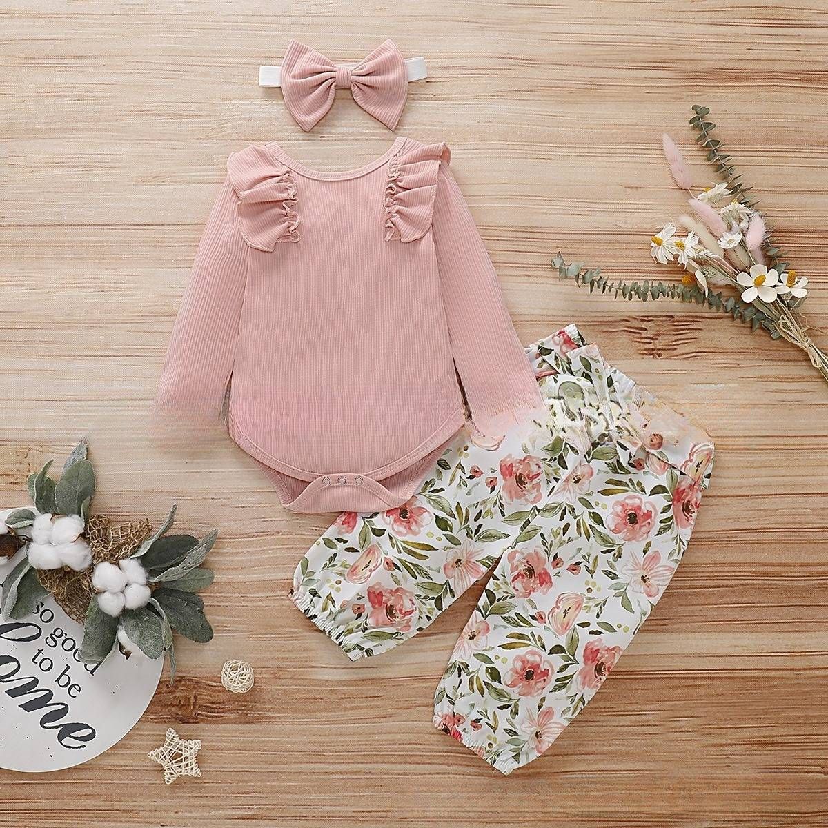 Kids' Clothing Round Neck Ruffle Tights And Bow Floral Pants_viptrois.com