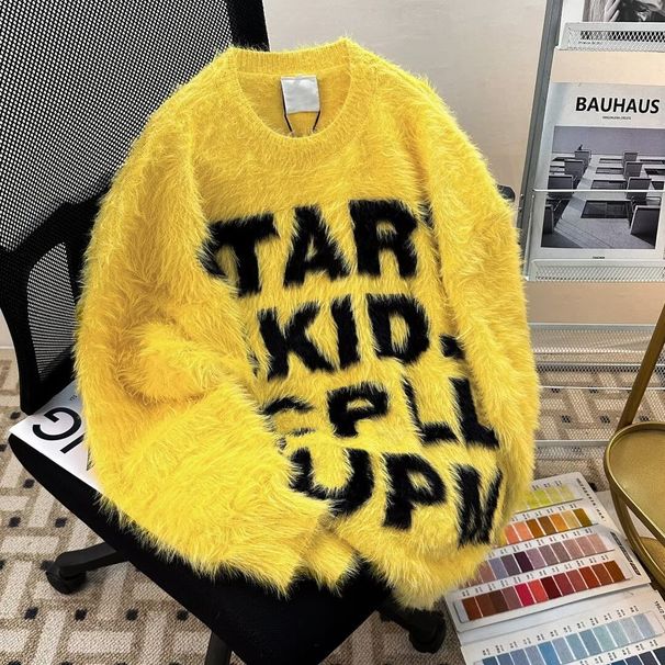 Autumn Winter Mink Fur Lazy Style Sweater, Men's And Women's Loose American Fashion Brand Couple's Knitted Sweater Top_viptrois.com