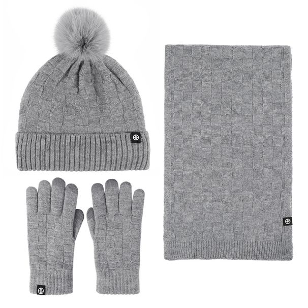 Unisex winter scarf three piece set with velvet, outdoor warm wool ball knitted hat, scarf and gloves three piece set_viptrois.com
