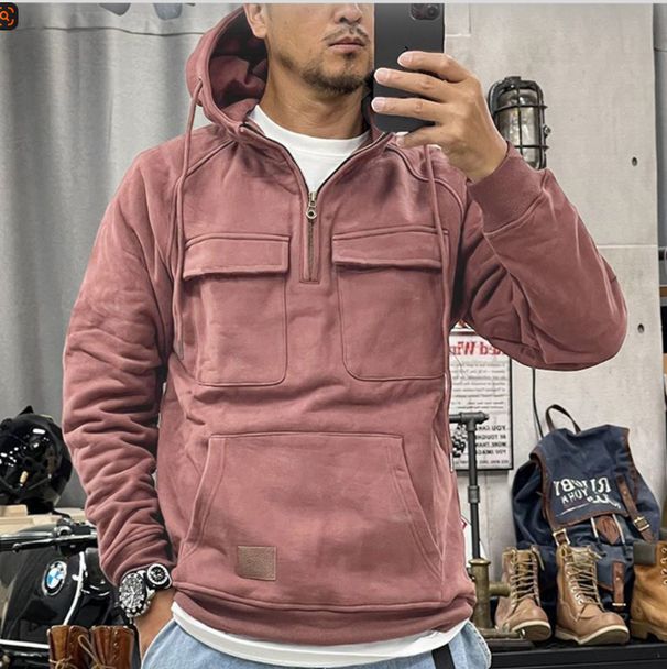 Fall/Winter New Style Men's Hooded Solid Color Sweatshirt - Youth Sports Multi-Pocket Leather Jacket_viptrois.com
