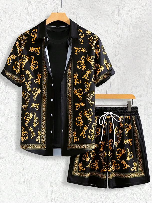 Men's Clothing Shirt Shorts Suit Beach Vacation Pattern Printing Shirt Set_viptrois.com