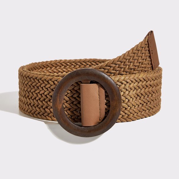 Women's Belts Pp Straw Woven Elastic Round Wooden Buckle Belt Women Summer Belt With Dress_viptrois.com