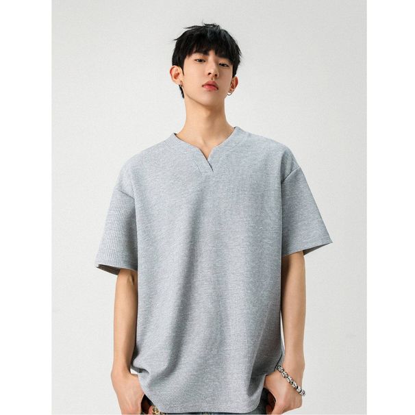 2025 New Men's T-shirt 250-gram Summer Large-sized Loose V-neck Casual Short-sleeved T-shirt_viptrois.com