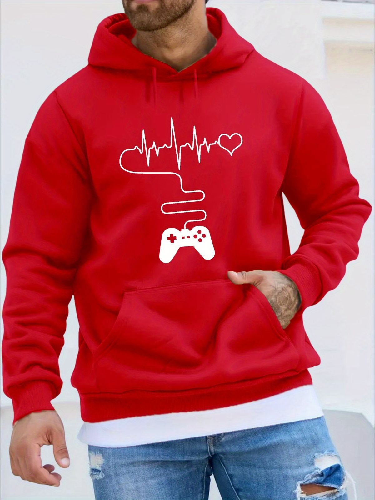 Men's Autumn And Winter Casual Fashionable Loose Hooded Sweatshirt Gamepad Print Warm Long Sleeved Pullover_viptrois.com