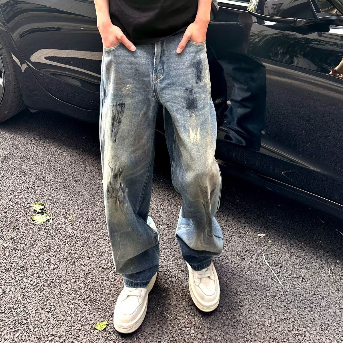 Distressed Tie-Dye Men's Jeans | Vintage Streetwear Straight Leg Baggy Pants For Casual Wear | Cotton Denim High Waist Trousers (Blue, S-3XL)_viptrois.com