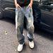 Distressed Tie-Dye Men's Jeans | Vintage Streetwear Straight Leg Baggy Pants For Casual Wear | Cotton Denim High Waist Trousers (Blue, S-3XL)_viptrois.com