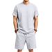Men's Textured Short Sleeve T-Shirt And Shorts Set Heavyweight Stretch Polyester Lounge Wear in White Black Light Gray Brown_viptrois.com