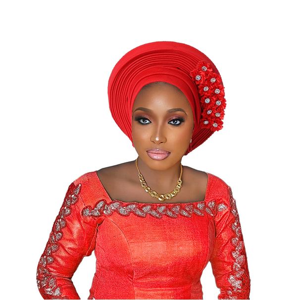 Women's Scarves New Style Adhesive Flower Heavy Industry Bright Silk Layered Strap Hat Nigeria Wedding Party Aoto Gele Headdress Hat_viptrois.com