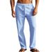Men's Straight Casual Cotton-Linen Blend Trousers With Drawstring Midweight Solid Color Cargo Pants For Men_viptrois.com
