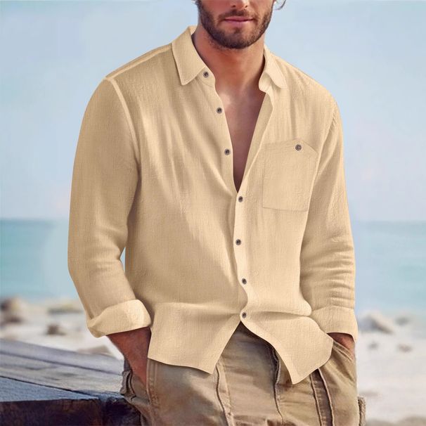 Men's Long Sleeved Shirt Solid Color Cotton Linen Blend Turn Down Collar Casual Loose Fit Versatile Cardigan Top_viptrois.com