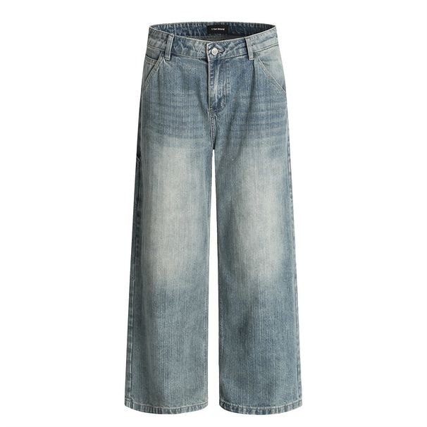 Distressed Washed Denim Loose Wide-Leg American Street Style Casual Men's Versatile Straight-Leg Dad Pants_viptrois.com