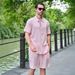 Men's Clothing Jacquard Short Sleeve Shirt & Shorts Set - Lightweight Summer Outfit, Casual Linen-Like Polyester, S-XXXL (Sky Blue/Pink/Black/White)_viptrois.com