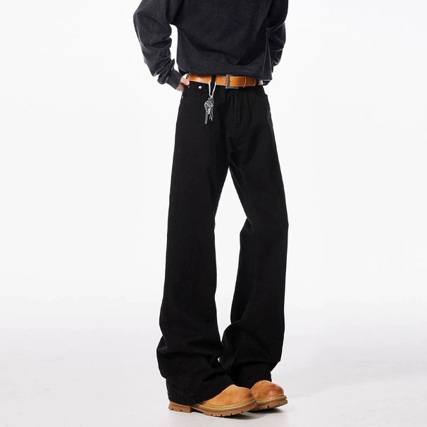 Autumn And Winter Black Curved Knife Micro Flared Jeans For Men, Tall 190, American High Street Slimming Straight Leg_viptrois.com