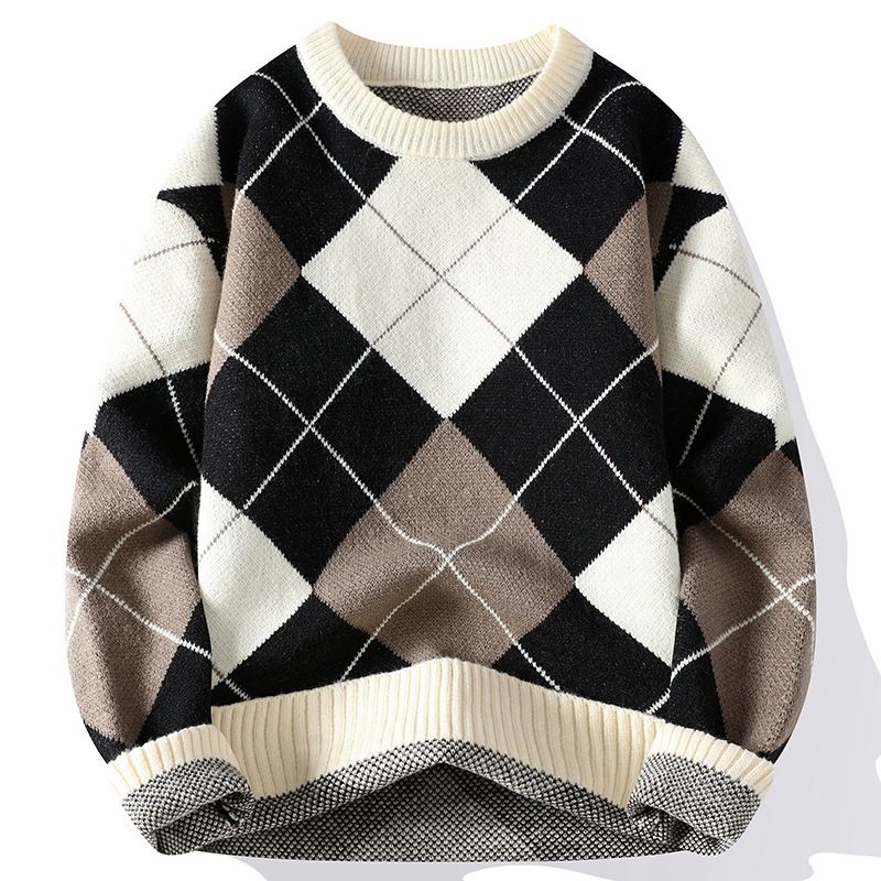 Men's Clothing Diamond Check Crewneck Sweater Men's Fall/Winter Thickened Sweater Men's Loose Casual Sweater_viptrois.com
