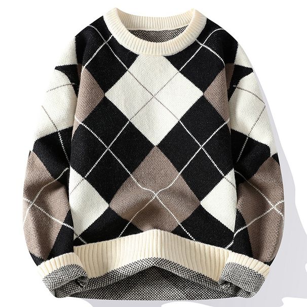 Men's Clothing Diamond Check Crewneck Sweater Men's Fall/Winter Thickened Sweater Men's Loose Casual Sweater_viptrois.com
