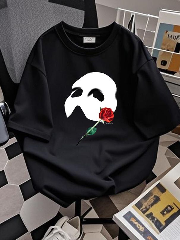 Vintage Phantom Of The Opera 1980 Mask & Rose Black T Shirt Adult Size Medium Breathable Top For Everyday Wear Designer Clothes Streetwear Stylish_viptrois.com