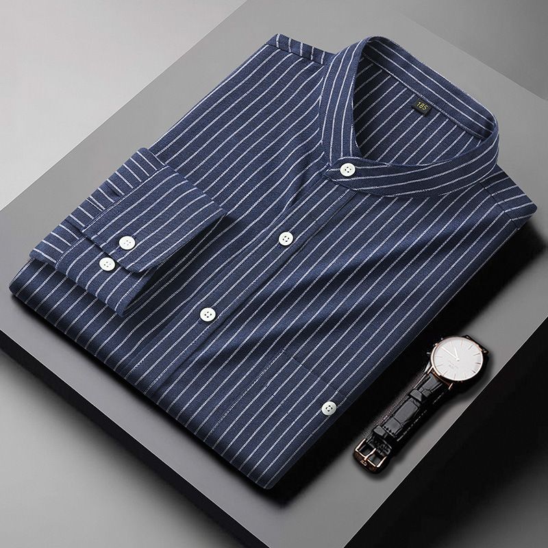 Men's Clothing Plus Size Long Sleeved Stand Up Collar Striped Shirt Men's Spring And Autumn New Fat Guy Fat Brother Large Loose Casual Shirt Trend_viptrois.com