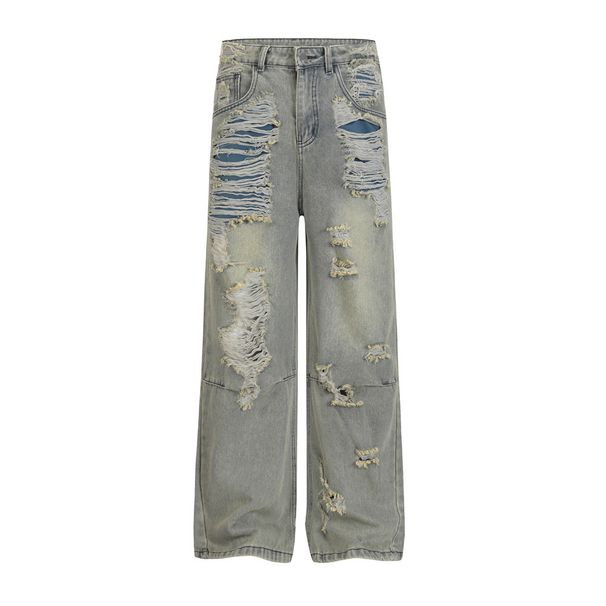 Punk Heavy-Duty Distressed Patched Vintage Jeans Men's Wasteland Beggar Style Ripped Washed Straight-Leg Pants_viptrois.com