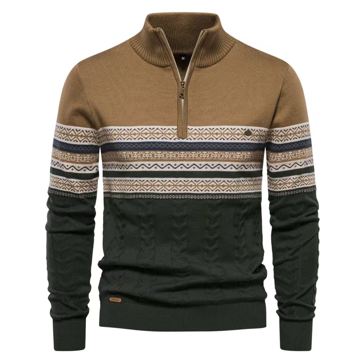 Men's Half-Zip Cotton Sweater - Slim Fit, Stand Collar, Color-Blocked Knit, High Elasticity (Navy/Khaki/Gray/White/Denim Blue)_viptrois.com