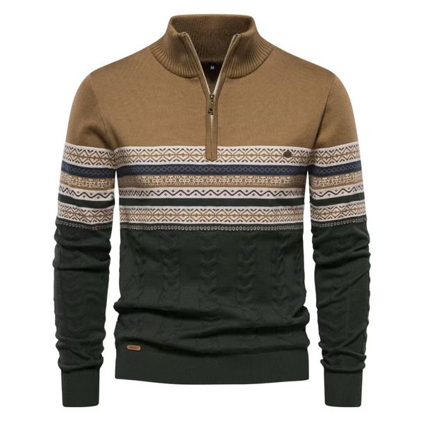 Men's Half-Zip Cotton Sweater - Slim Fit, Stand Collar, Color-Blocked Knit, High Elasticity (Navy/Khaki/Gray/White/Denim Blue)_viptrois.com