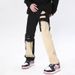 Men’s High-Street Ripped Jeans – Black & White Contrast Slim-Fit Flared Pants With Distressed Detailing_viptrois.com