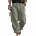 Men's Plus Size Linen Trousers Style Breathable Thin Sweat Absorbent Solid Color Casual Wide Leg Long Trousers_viptrois.com