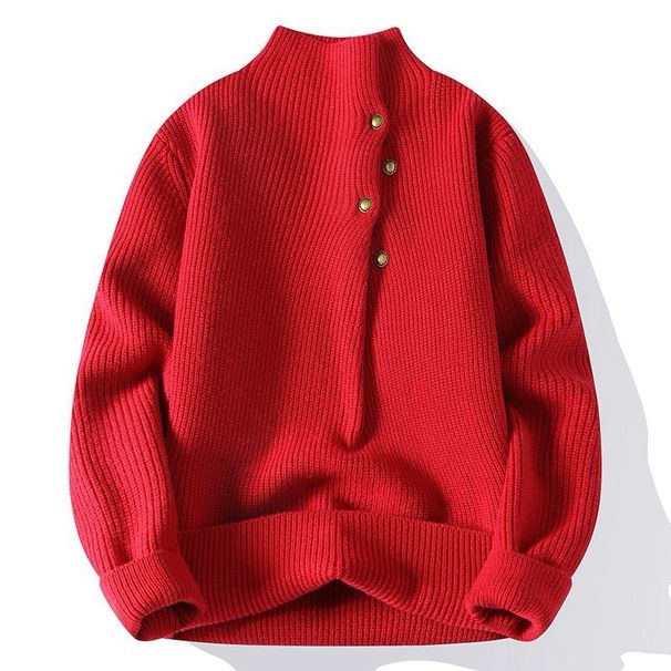 Men's Chunky Knit Sweater – Half Turtleneck & Asymmetrical Buttons (Red/Black/Gray/White, Sizes M-4XL)_viptrois.com