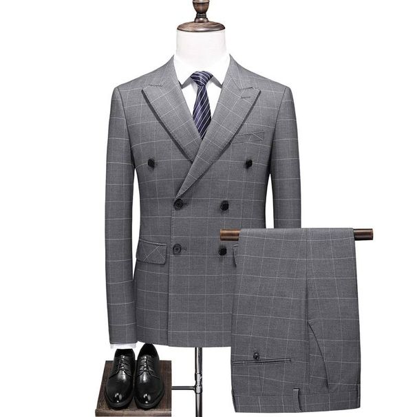 Men's Casual European And American Business Checkered Double-breasted Suit, Groom, Best Man, Host Three-piece Suit + Waistcoat + Long Pants_viptrois.com