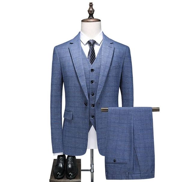 Men's Casual European And American Business Checkered Professional Suit, Groom And Best Man Banquet Three-piece Set Suit + Waistcoat + Long Pants_viptrois.com