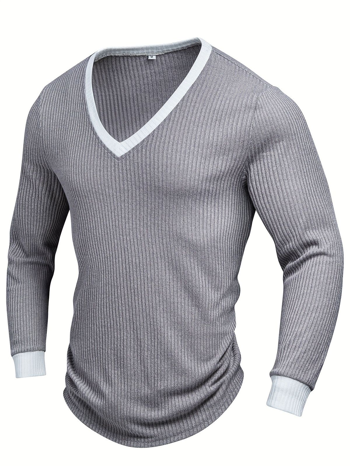 Men's Ribbed Texture Long Sleeve Shirt – Contrast V-Neck Pullover (Breathable Polyester, Slim Fit, Unisex Casual Top For Fall/Winter)_viptrois.com