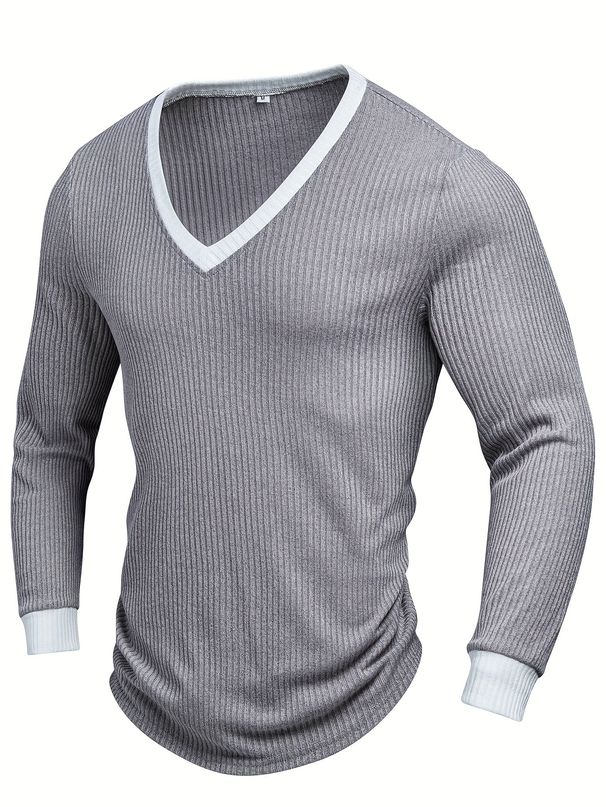 Men's Ribbed Texture Long Sleeve Shirt – Contrast V-Neck Pullover (Breathable Polyester, Slim Fit, Unisex Casual Top For Fall/Winter)_viptrois.com