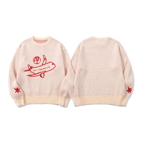 Men's Clothing Loose Casual Sweater Pullover Jacquard Korean-Style Oversized Sweater - Harajuku Ins Aesthetic Crewneck With Airplane Jacquard (Pink)_viptrois.com