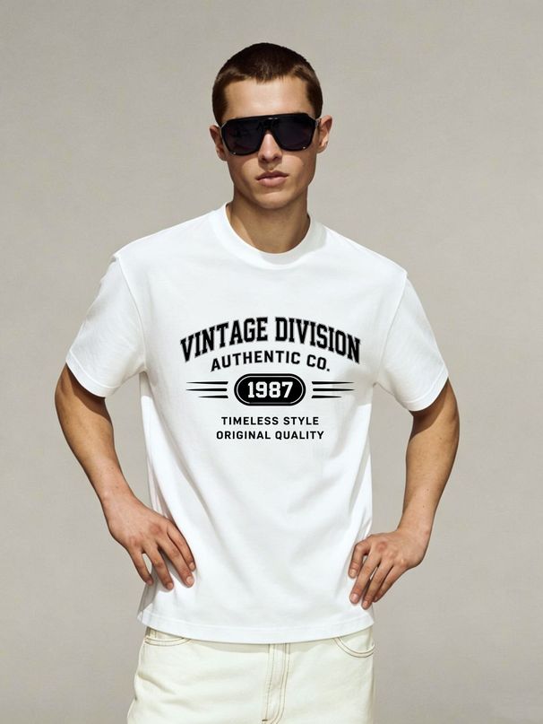 Relaxed Fit Vintage Division 1987 Cotton T-Shirt Men's Everyday Casual Streetwear Tee_viptrois.com