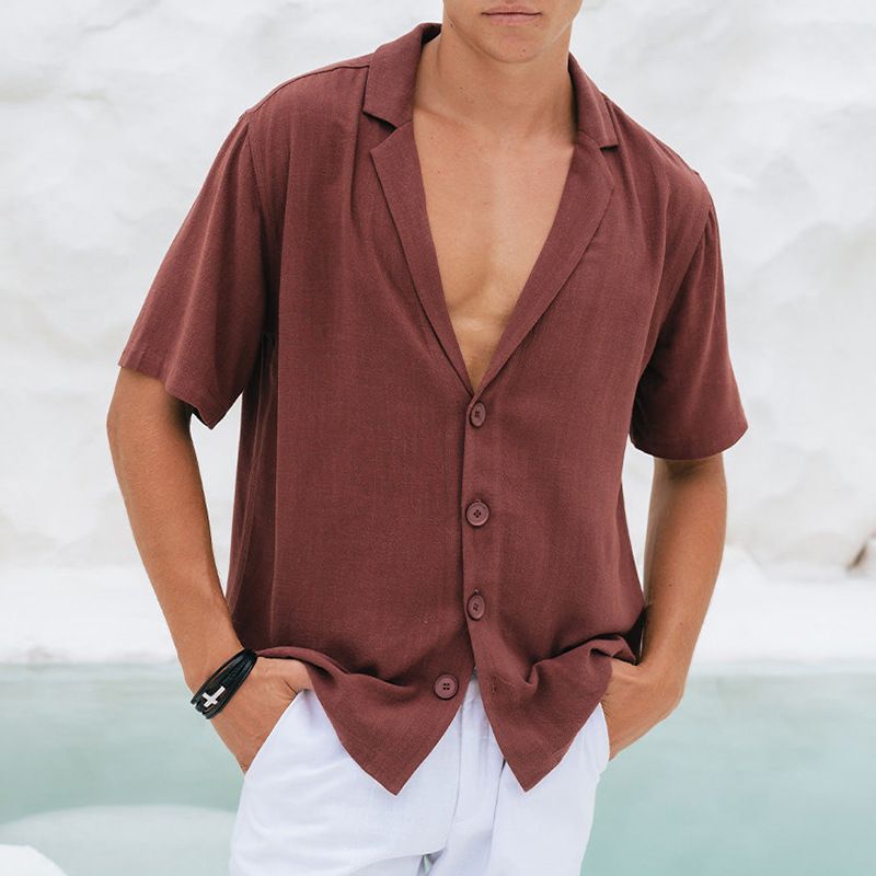 Men's Clothing Spring And Summer New Deep V Design Lapel Shirt Men's Casual Basic Solid Color Tops_viptrois.com