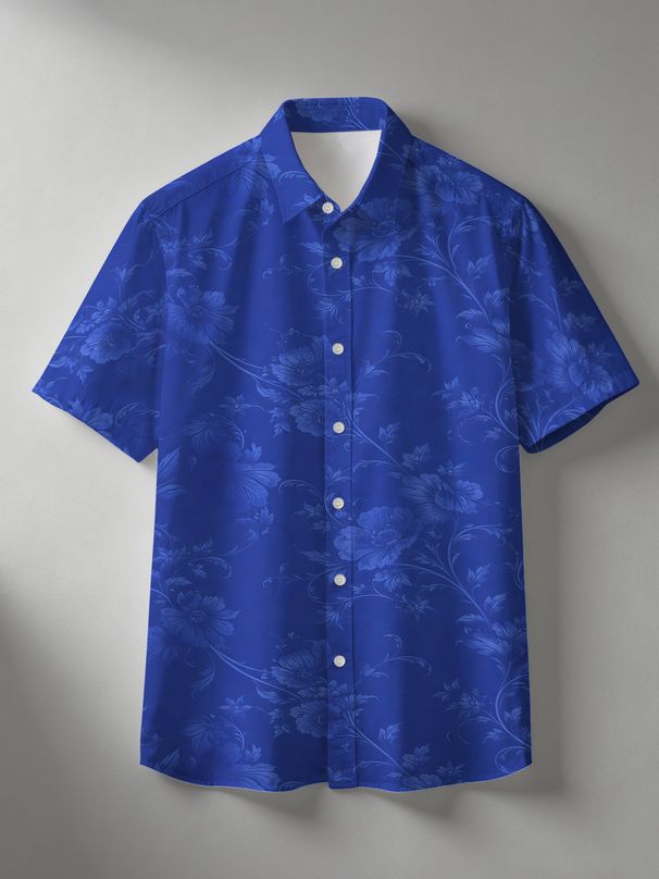 Summer Ice Silk Dark Pattern Printed Short Sleeve For Men, Business Casual Turn-down Collar Non-Iron Thin Shirt In Royal_viptrois.com