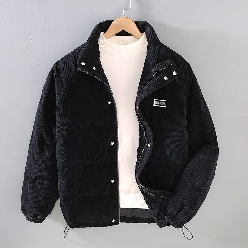 Men's Corduroy Jacket Winter Warm Casual Bomber Coat With Stand Collar Loose Fit Striped Solid Color Outerwear For Youth_viptrois.com