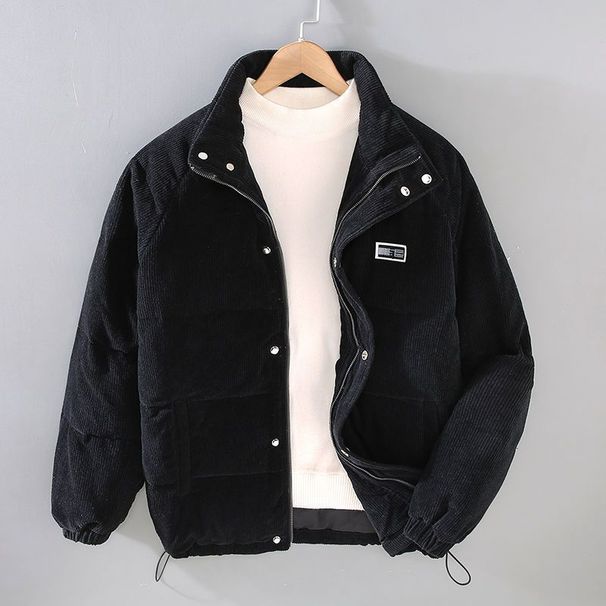 Men's Corduroy Jacket Winter Warm Casual Bomber Coat With Stand Collar Loose Fit Striped Solid Color Outerwear For Youth_viptrois.com