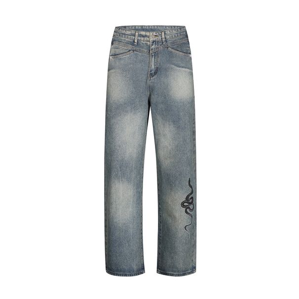 American High Street Washed Vintage Jeans For Men, Niche Snake Print, Loose Casual Straight Pants_viptrois.com