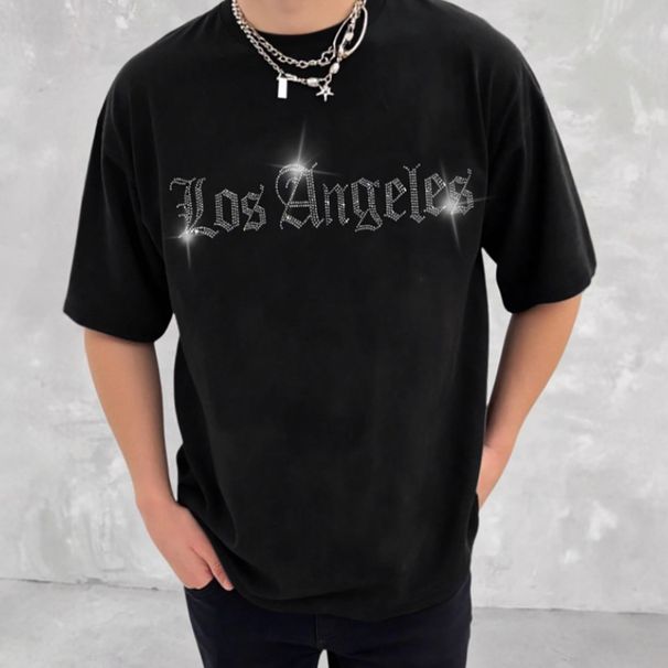 Men's Clothing Gothic Lettering Rhinestone T-Shirt For Men - Summer Casual Black Short Sleeve Tee With Los Angeles Print_viptrois.com