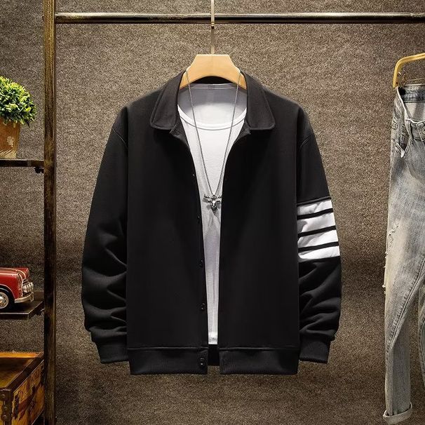 Men's Clothing Contrast Color Long Sleeve Trendy Coat Men's Lapel Casual Men's Four Stripe Coat Cardigan Striped Top Jacket_viptrois.com
