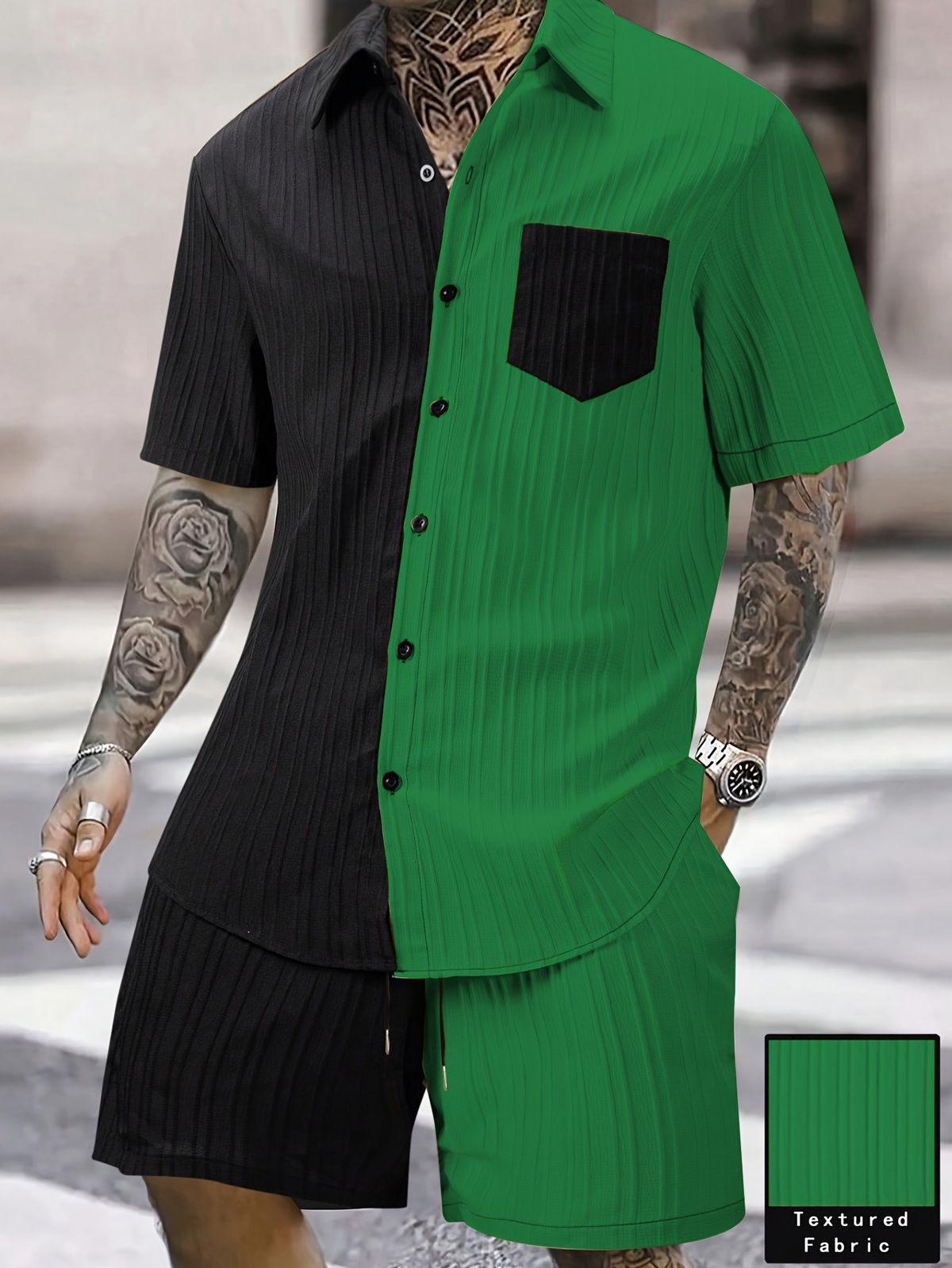 Men's Summer Casual Outfit Short Sleeve Lapel Shirt And Shorts Set Solid Color with Color Block Pocket_viptrois.com