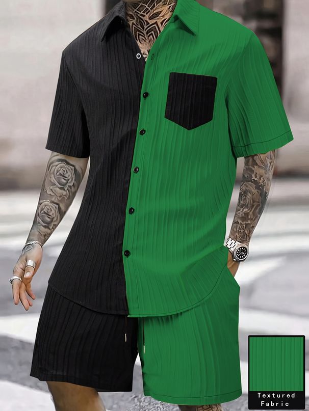 Men's Summer Casual Outfit Short Sleeve Lapel Shirt And Shorts Set Solid Color with Color Block Pocket_viptrois.com