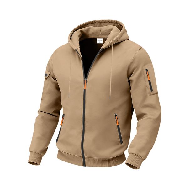 Sudadera Con Capucha Informal Para Hombre Con Cremallera, Forro Polar, Múltiples Bolsillos Y Cremalleras En Contraste_viptrois.com